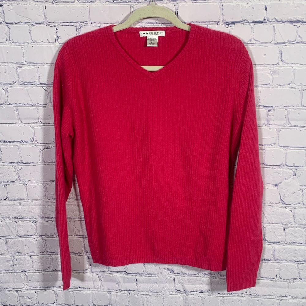 Marconi Womens V-neck Ribbed Cashmere Sweater Pink Size L Casual Preppy Soft